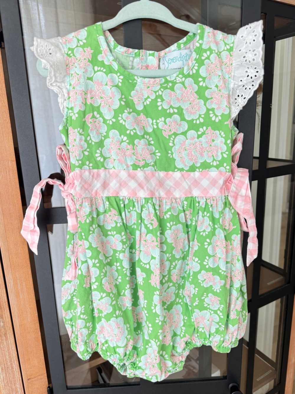 Shrimp & Grits floral block print bubble romper bows gingham eyelet ruffle